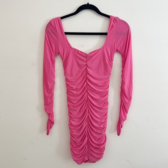 Club L London | Seductress Hot Pink Long Sleeve Square Neck Ruched Dress - Picture 6 of 8